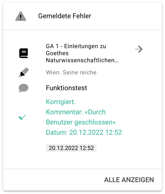 Übersicht: gemeldete Fehler