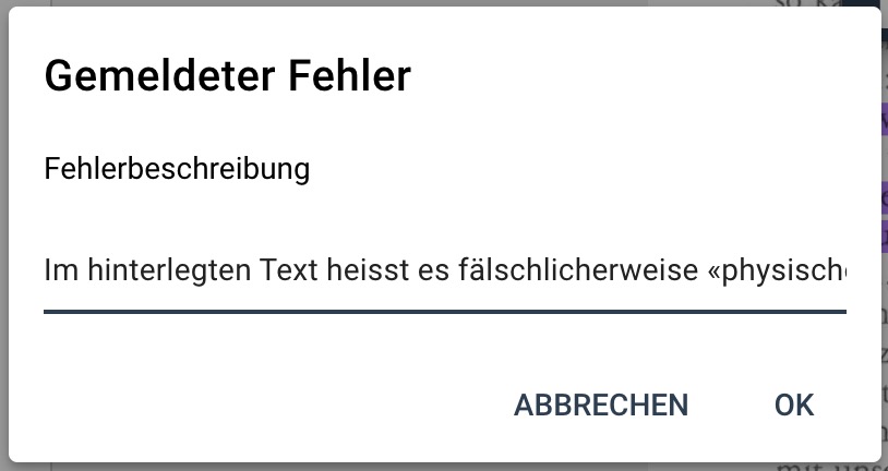 Dialog zum Melden eines Fehlers